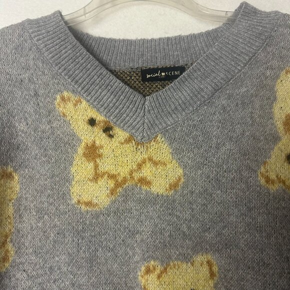 Social Scene Sweater sz M Teddy Bears cropped Cozy Fall Cottagecore gray v neck - Picture 2 of 6